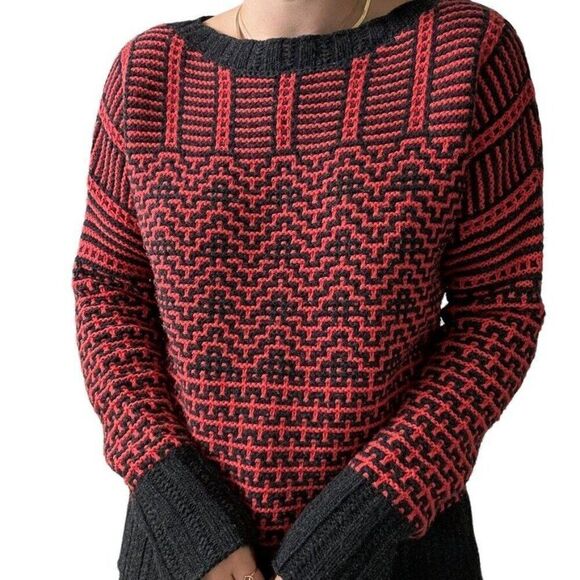 Theory Womens 100% Wool Soft Gray Red Fretta Loryella Geometric Sweater Sz L - Picture 8 of 9